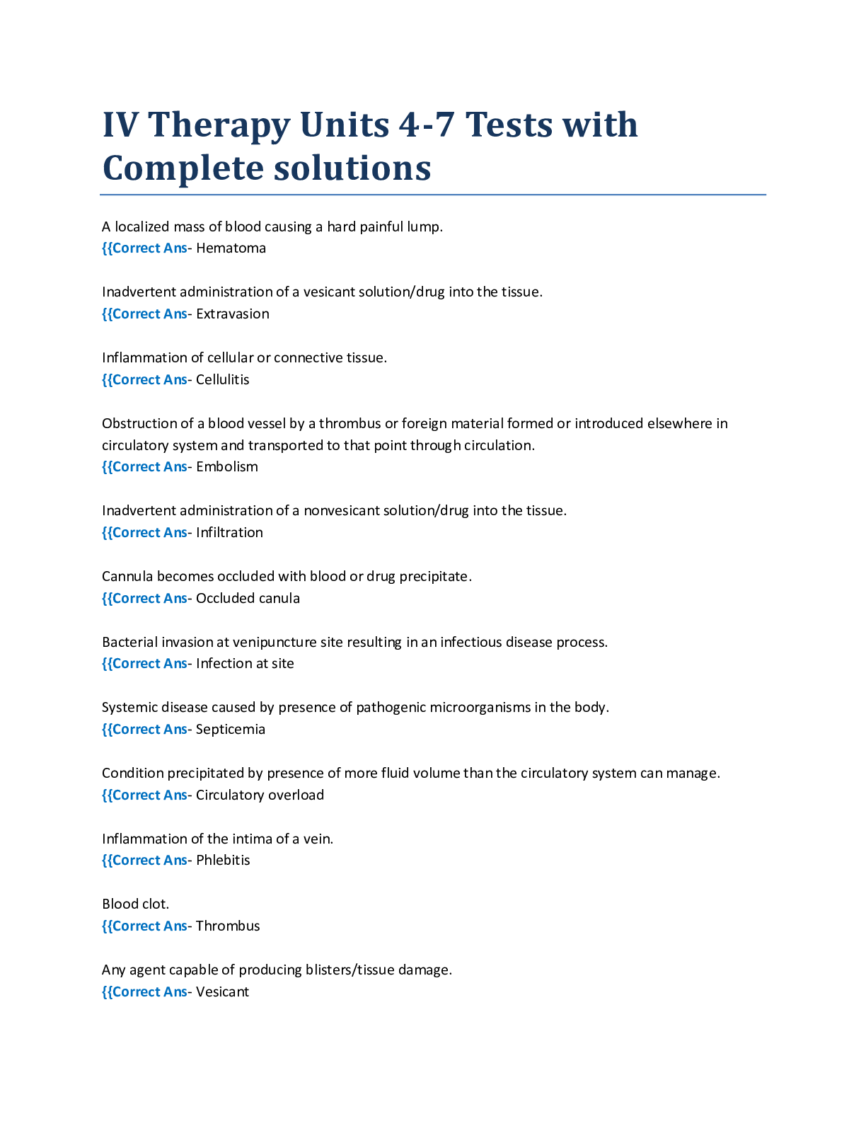 Preview image of IV Therapy Units 4-7 Tests with Complete solutions document